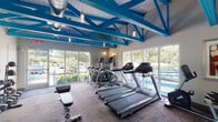 Located at 4920 Danby Dr in Nashville, Tennessee, this fitness center is a well-appointed, single-floor facility designed to support a comprehensive workout experience. The space is immediately defined by its striking architectural ceiling, where bold blue-painted exposed trusses span the length of the room, complemented by visible industrial ductwork and pendant lighting that together create an open, loft-like atmosphere.

Natural light pours in through expansive floor-to-ceiling windows and sliding glass doors lining multiple walls, offering views of lush greenery and a nearby pool area. This abundance of natural light enhances the airy, motivating environment throughout the space.

The fitness floor is outfitted with a strong selection of cardio equipment, including multiple treadmills, elliptical machines, and a recumbent bike, all arranged to take full advantage of the outdoor views. A dedicated strength and functional training area features a medicine ball rack with assorted weights, a weight bench, and free weights, providing options for varied workout routines.

Additional amenities include a water fountain station with a bottle-filling feature, a restroom, and a glass-paneled interior door connecting to an adjacent clubhouse or lounge area. The flooring throughout is durable, neutral-toned carpet tile suited for high-traffic fitness use. The overall ambiance is energetic yet comfortable, making this fitness center a practical and visually engaging space for residents.