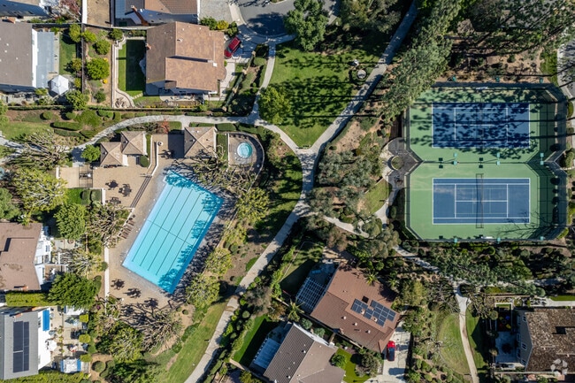 An overview of some Brea residential communities depict luxury amenities like pools and tennis.