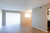 This single-floor residence offers a well-organized layout designed for comfortable everyday living. The open living and dining area is finished with warm wood-look flooring that extends throughout the main spaces, complemented by neutral-toned walls and clean white trim. Large vertical blinds cover a sliding glass door that invites natural light into the living area, while a modest pendant light fixture marks the adjacent dining space. The kitchen is equipped with a black electric range, an overhead exhaust hood, granite-look countertops, and a subway tile backsplash, with light cabinetry adding a contemporary touch. A dedicated pantry or utility closet provides additional storage just off the kitchen. The bedrooms are carpeted and feature neutral walls with windows fitted with horizontal blinds. The primary bedroom is particularly functional, offering access to a walk-in closet and a secondary door leading to a hallway or additional space. A second bedroom provides a quiet, well-lit retreat. The full bathroom includes a granite-topped vanity with gray cabinetry, a large mirror, wood-look flooring, and a tiled shower-tub combination. Textured ceilings are present throughout, and the overall aesthetic is clean, neutral, and move-in ready.