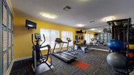 This fitness center is designed to support a comprehensive workout experience within a single, open floor plan. The space is immediately distinguished by its bold color scheme, featuring vivid yellow accent walls complemented by deep teal-blue sections, creating an energetic and motivating atmosphere. Textured carpet tiles in mixed patterns cover the floor, with colorful accent mats—orange, red, and yellow—marking designated workout zones throughout the room.

The cardio area is well-stocked with treadmills, elliptical trainers, and a stationary bike, all positioned near large windows fitted with roller shades that allow natural light to filter in while maintaining privacy. Wall-mounted flat-screen televisions are positioned for viewing during cardio sessions. A full-length mirror wall visually expands the space and allows users to monitor their form.

The strength training section includes a multi-function cable machine, a rack of dumbbells in varying weights, medicine balls, stability balls, and a dedicated functional training rig with cable attachments. A large workout chart display board is mounted on one wall, offering exercise guidance and routine references. Flush-mount ceiling lights provide consistent, even illumination throughout. The space is accessed through a keyed exterior door and offers views of an outdoor pool area through the windows.