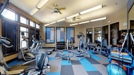 This fitness center is a single-floor facility designed to support a comprehensive workout experience. The space is outfitted with a solid selection of cardio machines, including multiple treadmills and a stationary bike, positioned along one side of the room for easy access. Strength training is well-represented with a cable and pulley multi-use machine, a dedicated free weights rack stocked with a full range of dumbbells, and various benches for resistance exercises. Large windows with frosted and clear panel designs line the walls, allowing natural light to filter into the space while maintaining a clean, modern aesthetic. Full-length mirrors along one wall enhance the sense of openness and allow users to monitor their form during workouts. Ceiling fans are mounted overhead alongside bright fluorescent strip lighting, ensuring the space remains comfortable and well-lit throughout the day. The floor is finished with a bold, multi-toned tile pattern in shades of blue, gray, and charcoal, adding a dynamic visual element to the room. The overall ambiance is clean, functional, and energizing, making this fitness center a practical and inviting environment for all levels of exercise.