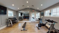 This single-floor fitness center is thoughtfully designed to accommodate a wide range of workout routines. The space features vaulted ceilings with recessed lighting that create an open, airy atmosphere, while wood-look tile flooring throughout adds a warm, clean aesthetic. Walls are painted in a neutral gray tone, complementing the white trim and contributing to a modern, polished look.

The main workout area is well-organized and generously proportioned. A large wall-to-wall mirror along one side visually expands the space while allowing users to monitor their form during exercise. Multiple spinning bikes are positioned near the windows, which allow natural light to flow in and offer views of the surrounding exterior. A flat-screen television is wall-mounted for entertainment during workouts.

Free weights are neatly stored on two multi-tier dumbbell racks, offering a broad range of resistance options. An adjustable weight bench provides a dedicated station for strength training. Along one wall, a rustic wood shelf houses an assortment of medicine balls and stability balls, alongside a built-in beverage cooler — a convenient amenity. A kettle bell rack rounds out the strength training offerings.

The space is accessible via a glass-panel entry door and includes clearly marked emergency exits, ensuring safety and ease of access throughout.