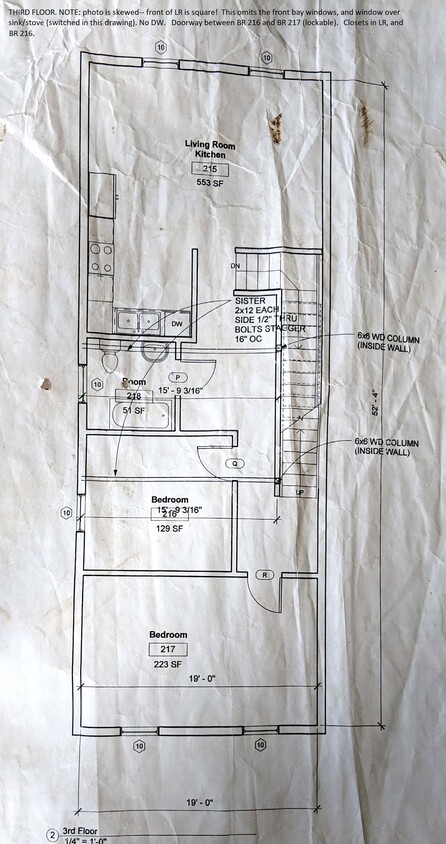 Drawings from 2013 gut rehab. Mostly correct. (Building is square, photo is skewed!) This is missing one window over sink; door between BR 216 and BR 217; closets in LR, BR 216, and BR 217. Switches sink and stove. No DW. - 1122 South 46th Street