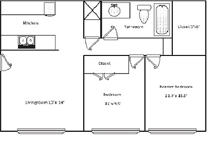 2BD/1BA Floor Plan - Skyline Apartments