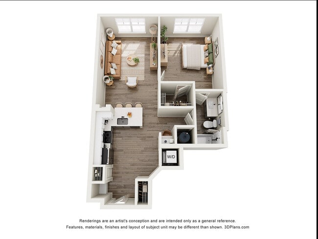 The Moselle, 1/1, 848 SF | Charming 3D floor plan featuring 1 bedroom, a cozy open-concept living space, modern kitchen, and elegant bathroom. - Integra Avalon