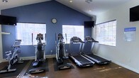 This fitness center offers a focused and functional workout environment designed to meet everyday cardio training needs. The room is anchored by a striking vaulted ceiling that adds a sense of openness and volume to the space, while bold blue accent walls create an energizing atmosphere conducive to exercise. Large windows fitted with blinds line the walls, allowing generous natural light to fill the room while maintaining privacy.

The facility is equipped with a selection of cardio machines, including two elliptical trainers and two treadmills, all positioned to take advantage of the natural light and outward views. A wall-mounted flat-screen television is conveniently placed for entertainment during workouts, and a wall clock helps users keep track of their sessions. Rubber equipment mats are placed beneath each machine to protect the flooring and provide stability during use.

The single-floor layout keeps the space straightforward and easily navigable. Recessed ceiling lighting supplements the natural light, ensuring the room remains well-lit throughout the day. Overall, the fitness center combines practical amenities with a clean, motivating design to provide a comfortable and efficient space for cardiovascular exercise.