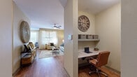 This thoughtfully designed 2-bedroom, 2-bathroom single-story residence offers a comfortable and functional layout with warm, neutral tones throughout. Rich hardwood-style flooring flows through the main living areas, complemented by ceiling fans that add both style and practicality.

The living room features a bold accent wall, a ceiling fan, and connects seamlessly to the hallway, which includes a convenient built-in desk nook — ideal for a home office setup. The dining area is bathed in natural light from a large window with views of greenery outside, creating a bright and inviting atmosphere.

The kitchen is well-equipped with warm wood cabinetry, granite countertops, stainless steel appliances, and track lighting overhead. A dedicated in-unit laundry room with a full-size washer and dryer adds everyday convenience.

The generously sized primary bedroom features plush carpeting, a ceiling fan, and ample closet space, including a large walk-in closet with wire shelving. The bathrooms are finished with wood-toned vanity cabinetry, light countertops, and classic white subway tile surrounding the tub-shower combinations. Two closets throughout the home provide abundant storage for all residents.