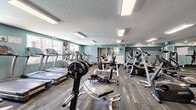 This fitness center offers a generously sized, single-floor workout space designed to accommodate a wide range of exercise needs. The room is finished with teal-toned walls that create an energizing atmosphere, complemented by a textured ceiling with recessed fluorescent lighting panels that ensure bright, even illumination throughout. Patterned low-pile carpet in gray and blue tones covers the floor, providing both durability and comfort underfoot.

The cardio section features a long row of Cybex and Precor treadmills, elliptical trainers, and stationary bikes, all positioned to take advantage of natural light from windows along one wall. The strength training area includes a multi-functional cable machine, a weight bench with barbell and plates, a power tower for bodyweight exercises, and a punching bag, offering versatile options for resistance training.

A full-length mirror spans one wall, visually expanding the space and allowing users to monitor their form during workouts. Signage reminding users to sanitize equipment is prominently displayed, reflecting a focus on cleanliness and user safety. Overall, the fitness center is thoughtfully organized to maximize usability within its footprint.