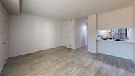 Located at 1401 Pennsylvania St NE in Albuquerque, New Mexico, this one-bedroom, one-bathroom residence offers a thoughtfully organized single-floor layout that maximizes every square foot. The open-concept main area seamlessly integrates the living room, dining space, and kitchen, creating a bright and cohesive gathering zone. Light wood-tone vinyl flooring runs throughout the common areas, complemented by a textured ceiling and crisp white walls that lend a clean, airy feel. A pass-through counter connects the kitchen to the living area, where a stainless steel range is visible, making the space feel connected and functional. Natural light filters in through a window fitted with horizontal blinds, adding warmth to the living room. The bedroom is carpeted for comfort and features two closets — providing generous storage — along with a window that brings in additional natural light. The bathroom is finished with white subway tile surrounding a full tub-shower combination, with light wood-tone flooring tying it to the rest of the unit. Additional practical spaces include a dedicated laundry area and a utility room, rounding out this well-equipped residence with everything needed for comfortable everyday living.
