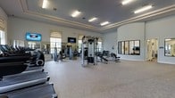 This fitness center offers a generous, open workout environment designed to accommodate a wide range of exercise needs. The space features elevated tray ceilings with recessed linear lighting that brightens the entire room, contributing to an airy and energizing atmosphere. Large windows along one wall are fitted with Roman shades, allowing natural light to filter in while maintaining a clean, polished aesthetic.

The gym is well-equipped with a variety of strength-training machines, including a multi-function cable and pulley system, adjustable benches, and a full dumbbell rack, making it suitable for both beginner and experienced gym-goers. Cardio equipment, including step machines, is positioned toward the front of the space. Full-length mirrors line one wall, enhancing the sense of depth and allowing users to monitor their form during workouts.

Wall-mounted flat-screen televisions are placed strategically for visibility throughout the room. A curved accent wall adds architectural interest, while a glass-paneled interior window on the opposite side provides a subtle visual connection to an adjacent space. The neutral-toned carpet flooring and light gray walls create a clean, modern environment.