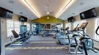 This single-floor fitness center is designed to support a comprehensive workout experience within a thoughtfully organized layout. The space is anchored by a striking vaulted ceiling with a ceiling fan and linear cove lighting that runs along the roofline, creating a sense of openness and volume. Accent walls painted in a bold olive green contrast with the neutral taupe and white tones throughout, lending visual energy to the environment.

The main workout area features a row of cardio equipment, including treadmills, upright and recumbent stationary bikes, and elliptical machines, all positioned to take advantage of natural light from multiple windows overlooking the outdoors. Large wall-mounted mirrors extend the perceived depth of the space while allowing users to monitor their form. Wall-mounted flat-screen TVs are strategically placed throughout for entertainment during workouts.

The strength training section includes a cable machine system, a dumbbell rack, and a weight bench, catering to a range of resistance training needs. A patterned carpet in charcoal and yellow tones covers the floor, with rubber mat zones beneath equipment for durability and safety.

Toward the rear, a dedicated area with built-in shelving, a cushioned bench, and a water station provides a practical space for storage and recovery. The layout flows intuitively from cardio to strength to cooldown zones.