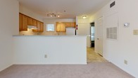 Located at 8600 Cobblefield Drive in Columbia, Maryland, this single-floor residence offers a thoughtfully designed open-concept layout that seamlessly connects the living and kitchen areas. The spacious living room is finished with plush wall-to-wall carpeting and features large windows with slatted blinds that invite generous natural light and outdoor views of the surrounding greenery. A sliding glass door opens directly to a private balcony, further extending the sense of space and airflow. Track lighting accents the ceiling, providing flexible illumination across the main living area.

The kitchen is defined by warm honey-toned cabinetry, a raised breakfast bar peninsula, and tile flooring that transitions cleanly from the carpeted living space. White appliances and a window above the counter add brightness to the functional cooking area.

The bedroom is a comfortable, well-lit retreat with soft carpeting and a large window overlooking outdoor greenery, creating a calm and private atmosphere. The bathroom features tile flooring, a combined tub and shower, and clean white fixtures with a vanity offering ample counter space.

A dedicated in-unit laundry area includes a full-size washer and dryer with overhead wire shelving and an adjacent closet, adding significant everyday convenience to this well-appointed Columbia residence.