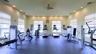 This single-story fitness center offers a clean, functional workout environment designed to accommodate a range of cardiovascular exercise needs. The room is outfitted with multiple treadmills and elliptical-style machines, each equipped with individual digital display screens, arranged in a row facing large windows that allow generous natural light to fill the space. Roller shades on each window provide adjustable light control throughout the day. The flooring consists of durable dark rubber matting, well-suited for high-traffic fitness use and providing cushioning underfoot. Recessed lighting is distributed evenly across the ceiling, supplemented by a central ceiling fan that aids in air circulation during workouts. The walls are finished in a soft yellow-green tone, contributing to a bright and energizing atmosphere. Additional strength or resistance equipment is positioned along the sides of the room, maximizing the use of the available floor space. A framed notice or informational board is mounted on the wall between the windows, adding a practical element to the space. Overall, the fitness center presents a well-organized, inviting environment suited for daily exercise routines.