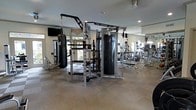 This fitness center offers a comprehensive workout environment designed to accommodate a variety of training styles and fitness goals. The space is thoughtfully laid out across a single floor, maximizing accessibility and functionality throughout. At the heart of the gym stands a multi-functional cable machine and a dedicated strength training rig complete with a heavy punching bag, ideal for both resistance and combat-style training. A selection of weight benches and free weights provides options for targeted strength workouts. Toward the back of the space, a row of cardio machines — including treadmills and ellipticals — lines the wall, offering ample options for cardiovascular exercise. Full-length mirrors line one wall, enhancing the sense of space while allowing users to monitor their form during workouts. The flooring features durable interlocking rubber tiles, providing cushioning and traction suited to high-intensity activity. Recessed lighting illuminates the space evenly, complemented by natural light from windows that bring in views of the surrounding greenery. A wall-mounted television adds an entertainment element to the environment. The overall ambiance is clean, functional, and well-maintained, making it a practical and versatile facility for a wide range of fitness pursuits.