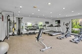 Located at 30001 Golden Lantern in Laguna Niguel, California, this dedicated fitness center offers a thoughtfully designed exercise space with everything needed for a comprehensive workout. The room is bright and welcoming, illuminated by recessed ceiling lighting and large picture windows that frame views of the surrounding landscaped greenery, allowing ample natural light to fill the space.

The cardio section is well-appointed with multiple Spirit treadmills and an elliptical trainer, all arranged to face the windows and a wall-mounted flat-screen television, making workouts both engaging and comfortable. A full cable weight machine and TRX suspension training system provide versatile strength training options, while a dumbbell rack and stability ball round out the free weights area. Floor-to-ceiling mirrors line portions of the walls, visually expanding the space and allowing users to monitor their form during exercises.

The flooring transitions between durable carpet tile and hard surface areas suited for different training activities. The clean, neutral color palette of white and beige walls contributes to an open, energizing atmosphere. A dedicated entry door opens directly to the outdoor courtyard, further connecting the interior to the pleasant Southern California environment. This functional and well-maintained fitness center provides a complete exercise facility for its users.