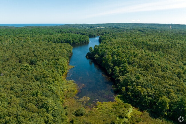 An aerial view shows the Russell Mill Pond in South Pond.