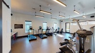 This fitness center is thoughtfully designed to support a wide range of workout routines within a clean, modern setting. The space is divided into distinct functional zones, each outfitted to serve specific training needs. The cardio area features a row of treadmills, elliptical machines, stationary bikes, and rowing machines arranged along windowed walls, allowing natural light to fill the room. Large windows and glass entry doors provide direct views of the surrounding outdoor areas, enhancing the open, airy atmosphere.

The strength training zone includes a multi-station cable machine, bench press equipment, and a rack of color-coded dumbbells, complemented by floor-to-ceiling mirrors that expand the visual space and assist with form. A wall-mounted television and built-in shelving with a mini-refrigerator add convenience to this area. A sliding barn-style door separates zones, contributing a contemporary design detail.

A dedicated studio space features cork-style flooring, mirrored walls on two sides, and large glass doors that open to the outdoors, making it ideal for group classes or individual exercise. Linear pendant lighting throughout provides consistent, warm illumination. The overall design is modern and functional, with dark trim accents, light-colored walls, and durable rubberized flooring in the equipment areas.