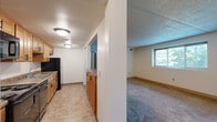 Located at 100 Park Plaza Drive in Pittsburgh, Pennsylvania, this 2-bedroom, 1-bathroom residence offers a practical and well-organized single-floor layout. The galley-style kitchen is equipped with warm honey-toned wood cabinetry, granite-style countertops, a stainless steel sink, and a full suite of black appliances including an electric range, dishwasher, refrigerator, and microwave. Tile flooring completes the kitchen's clean, functional aesthetic. Both bedrooms feature plush wall-to-wall carpeting, ceiling fans with light fixtures, and windows that bring in natural light with views of surrounding greenery. The spacious primary bedroom includes a closet and ample room for furnishings. The full bathroom is finished with tile flooring and includes a combined tub and shower unit with a curtain rod. A dedicated laundry area provides added convenience, featuring a granite-style folding counter, overhead wire shelving, and tile flooring. A connecting hallway ties the living spaces together efficiently. Textured ceilings are present throughout, adding a consistent finishing detail across the residence.