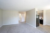 This single-story unit is designed with a practical, open layout that connects the main living area to the kitchen via a central dividing wall. The living room is generously sized, featuring neutral-toned carpet, a textured ceiling, and multiple windows alongside a sliding glass door fitted with vertical blinds, allowing natural light to filter through and providing outdoor access. The transition between the living area and kitchen is marked by wood-look vinyl flooring.

The galley-style kitchen is well-appointed with grey cabinetry, granite-style countertops, a stainless steel sink, a gas range, a dishwasher, and a full-size black refrigerator. Upper and lower cabinets provide ample storage, while a white tile backsplash adds a clean, finished look. A door at the end of the kitchen leads to additional storage or utility space.

The bedrooms are carpeted and feature neutral walls, textured ceilings, flush-mount lighting, and windows with blinds that invite natural light. Each room offers a comfortable, versatile layout. The bathroom includes a full-size soaking tub with a shower curtain rod, wood-look flooring, and granite-style countertop detailing, maintaining a cohesive aesthetic throughout the unit.