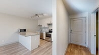 This efficiently designed 2-bedroom, 1-bathroom unit offers a thoughtful single-floor layout that maximizes functionality. The open-concept kitchen and living area serves as the heart of the home, featuring a peninsula with granite countertops that doubles as a breakfast bar. The kitchen is outfitted with full stainless steel appliances — including a refrigerator, electric range, dishwasher, and microwave — complemented by crisp white cabinetry, a geometric tile backsplash, and a stainless undermount sink. Light wood-style luxury vinyl flooring runs throughout the main living areas, lending a clean, contemporary aesthetic.

A central hallway connects the living spaces to the two bedrooms and full bathroom. The primary bedroom receives natural light through a window fitted with blinds, while the second bedroom also benefits from a window with blinds and includes a wall-mounted HVAC unit. One bedroom features soft carpet flooring for added comfort, while the other showcases the same light wood-style flooring found throughout. Two dedicated closets provide practical storage.

The full bathroom is finished with a soaking tub and shower combination, accented by elegant gold-toned fixtures, a decorative tile inlay, granite vanity, and wood-style flooring — completing a cohesive and polished interior.