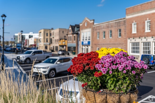 Colorful fall flowers on Main St. in Downtown West Bend.