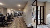 Located at 10720 Bell Tucker Ln in Louisville, KY, this fitness center offers a comprehensive, single-floor facility thoughtfully designed to support a wide range of workout styles and fitness goals. The space is divided into distinct functional zones, each finished with quality materials and abundant natural light courtesy of large, black-framed windows that look out onto outdoor greenery.

The dedicated yoga and stretching studio features light hardwood flooring, wall-mounted mirrors, yoga mats, stability balls, and a full rack of weighted medicine balls, creating an inviting environment for mind-body workouts. Floor-to-ceiling glass partitions with steel framing separate this studio from the main gym floor while maintaining an open, connected feel throughout.

The main strength training area is carpeted with a textured, neutral-toned pattern and is outfitted with cable machines, a multi-functional rack system, free weights, benches, and resistance training equipment. Motivational typography lines the walls, reinforcing an energizing atmosphere. A separate cardio zone houses a row of treadmills positioned directly in front of large windows, providing refreshing outdoor views during workouts. Additional cardio equipment, including air bikes and a stair climber, rounds out the offerings. The fitness studio entrance features branded glass doors, completing this polished, amenity-grade facility.