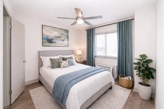 Bedroom with hardwood-style flooring & ceiling fan - Vetra 500 Fifth