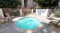This outdoor amenity area is designed to serve as a relaxing communal retreat, centered around two key water features: a generously sized swimming pool with clear, vivid turquoise water, and an adjacent circular spa with active jets. Both are finished with smooth concrete coping and surrounded by a spacious pool deck that provides ample room for lounging. A pair of Adirondack-style chairs is positioned along the poolside, offering a comfortable spot to relax in the open air.

The entire area is enclosed by a white metal fence, providing security and a defined boundary for the space. A gated entry point features prominently posted pool rules and safety signage, ensuring clear communication of regulations for users. The surrounding building exterior is finished in a textured stucco, consistent with a warm-climate architectural style. Mature shade trees and palms frame the courtyard, adding a lush, tropical character and providing natural shade throughout the day. Flowering plants and manicured shrubs accent the landscaped borders, enhancing the overall aesthetic appeal. The combination of water features, seating, and greenery creates a pleasant and functional outdoor environment suited for year-round use.