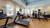 This single-story fitness center offers a comprehensive workout environment designed to accommodate a wide range of exercise needs. The space is finished with warm hardwood-style flooring throughout and features neutral-toned walls that contribute to a clean, focused atmosphere. A distinctive tray ceiling with a teal-blue accent adds an architectural detail that elevates the overall design.

Natural light enters through multiple windows fitted with white horizontal blinds, brightening the interior alongside recessed ceiling lighting. The cardio area is well-stocked with treadmills, elliptical trainers, an air bike, and a rowing machine, with a wall-mounted flat-screen television positioned for viewing during workouts. A dedicated strength training section houses a multi-station cable machine with free-weight attachments, a weight bench, and a full dumbbell rack. Additional accessories including medicine balls and resistance equipment round out the functional training offerings. Large wall mirrors in the strength zone enhance the sense of space and allow for form monitoring. A glass-panel exterior door provides direct outdoor access, adding convenience and a connection to the surrounding environment.