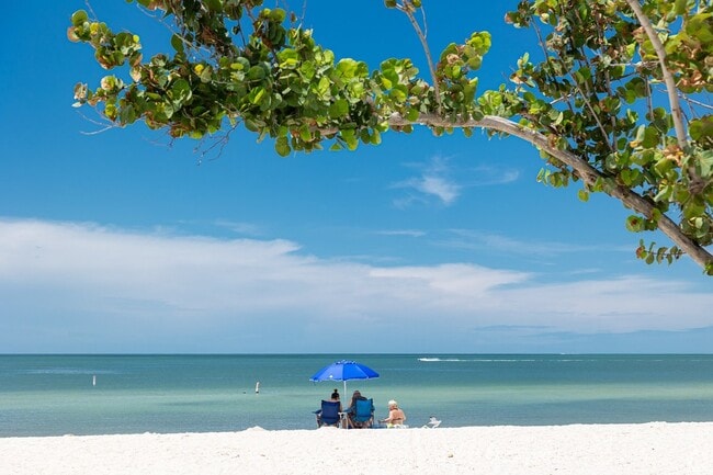 Beachgoers enjoy a sunny day at Bonita Beach Park under a clear blue sky.