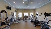 This fitness center offers a comfortable and functional environment for a well-rounded workout experience. The room features warm beige walls accented by crisp white crown molding and baseboards, giving the space a clean and polished aesthetic. Recessed lighting is evenly distributed across the tray ceiling, supplemented by a ceiling fan that ensures proper air circulation during workouts. Multiple windows along the walls allow natural light to filter in, contributing to an open and inviting atmosphere.

The fitness floor is carpeted and provides ample room to move freely between equipment stations. On the strength training side, a multi-function cable and weight machine offers a variety of resistance exercises suited for a full-body workout. On the cardio side, residents will find a treadmill and an elliptical trainer, both positioned to make use of the natural light from the windows. A flat-screen television is mounted on the wall, providing entertainment during exercise sessions. A small table is centrally placed, offering a convenient spot for personal belongings or water bottles. The overall layout is thoughtfully organized, balancing strength and cardio equipment without overcrowding the space, making it an accessible and practical facility for daily fitness routines.