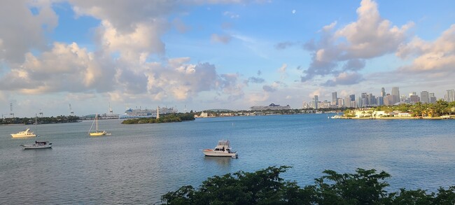 West facing view of Monument Island, Port of Miami, and downtown Miami. - 3 Island Ave