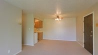 This single-floor unit offers a straightforward, functional layout designed for comfortable everyday living. The main living area is generously sized, featuring wall-to-wall carpet flooring in a neutral tone that adds warmth underfoot. A ceiling fan with a light fixture is centrally mounted, providing both air circulation and ambient lighting throughout the space. The textured ceiling adds a subtle architectural detail consistent throughout the unit.

The kitchen is partially open to the living area, accessible through a defined passthrough cutout in the wall, allowing for a sense of connectivity between the two spaces. The kitchen features warm-toned wood cabinetry on both the upper and lower sections, offering ample storage. A countertop workspace and white appliances, including what appears to be a dishwasher or range, are visible. The kitchen benefits from its own overhead lighting, keeping the workspace well-lit.

The neutral color palette of soft beige and white walls throughout creates a clean, cohesive look. The open, uncluttered feel of the living space and its direct visual connection to the kitchen make this unit practical and easy to personalize.