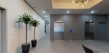 The lobby of Sky Lofts at 250 Avenue E in Bayonne, New Jersey, presents a sleek and contemporary first impression designed with clean lines and a refined modern aesthetic. The expansive entrance features large-format porcelain tile flooring in a neutral gray palette, lending the space a sophisticated and cohesive look throughout.

Floor-to-ceiling glass entry doors flood the lobby with natural light, creating an open and welcoming atmosphere. Recessed lighting and a statement multi-bulb chandelier provide warm, layered illumination that complements the space's modern design. Accent walls finished in contrasting gray tones add depth and visual interest.

Two stainless steel elevator doors are prominently positioned, offering convenient access to upper floors. A dedicated mailroom area with an extensive bank of individual resident mailboxes is neatly integrated into one wall. A leasing office directional sign guides prospective residents with ease.

The lobby is thoughtfully appointed with tall potted tropical plants in sleek black planters, introducing a touch of greenery that softens the modern interior. A circular patterned area rug anchors a seating vignette featuring contemporary chairs, providing a comfortable waiting area for residents and guests. A round mirror and slim console table add a stylish decorative element, completing this polished and well-curated building entrance.