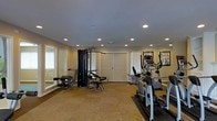 This dedicated fitness room offers a well-organized space for a comprehensive workout experience. The room is finished with neutral-toned carpet flooring and smooth walls painted in a warm beige, creating a clean and functional environment. Recessed lighting is distributed evenly across the ceiling, providing consistent, bright illumination throughout the space. Multiple windows fitted with horizontal blinds allow natural light to filter in, enhancing the room's open feel. A large wall-mounted mirror on one side visually expands the space while allowing users to monitor their form during exercise. The room is equipped with a multi-station cable strength-training machine, an elliptical trainer, and a treadmill, accommodating both cardio and resistance workouts. A display board mounted near the mirror provides additional reference material for exercise routines. A set of double closet doors along the back wall offers convenient storage. Overall, this fitness room is thoughtfully designed to serve as a practical, self-contained workout facility within a single-story layout.