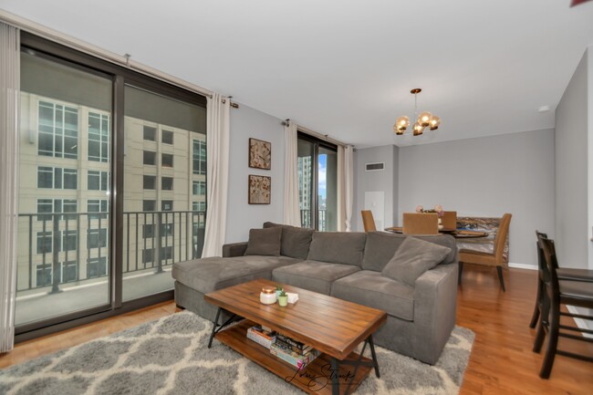 Spacious living room overlooking balcony with southern exposure - 635 N Dearborn St