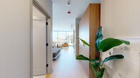 Located in the heart of Chicago's vibrant Old Town neighborhood, this thoughtfully designed studio at 920 N Wells St offers a single-floor layout that maximizes every square foot with smart, modern design. A welcoming entry hallway, accented by warm wood-paneled cabinetry and light hardwood-style flooring, leads into the open-plan living and kitchen area.

The living space is immediately defined by dramatic floor-to-ceiling windows that wrap the corner of the room, flooding the interior with natural light and framing sweeping views of the Chicago skyline. The combined living area provides ample space for lounging and dining, with clean white walls and light flooring enhancing the airy ambiance.

The kitchen is a standout feature, showcasing warm wood cabinetry that extends floor to ceiling, dark stone countertops, a bold navy subway tile backsplash, and stainless steel appliances including a full-size refrigerator and built-in oven. Open shelving adds a stylish, functional touch.

The bathroom continues the refined aesthetic with large-format light stone-look tile, a glass-enclosed walk-in shower, a sleek dark vanity with an undermount sink, and a backlit frameless mirror, delivering a spa-like experience. The overall design balances functionality and contemporary elegance throughout.