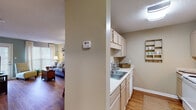 Located at 2400 Cluette Dr in Raleigh, NC, this single-floor residence offers a well-organized layout that balances comfort and functionality throughout its thoughtfully designed spaces. The galley-style kitchen features light-toned cabinetry lining both walls, a stainless steel sink, white appliances including a range and refrigerator, and warm hardwood-style flooring underfoot. A pass-through window connects the kitchen to the dining area, enhancing the open feel between the two spaces. The dining area accommodates a high-top table and seating, with the same hardwood-style flooring continuing seamlessly from the kitchen. The living room is a welcoming, light-filled space highlighted by large windows with sheer curtains, hardwood-style flooring, and a direct-access exterior door that invites natural light. The bedroom offers plush carpeting, a ceiling fan with light fixture, natural light from a window with blinds and drapes, and ample room for full furnishings. The bathroom includes a vanity with countertop storage, a wall-mounted mirror, and a shower-tub combination, all finished with hardwood-style flooring. Neutral wall tones and textured ceilings are consistent throughout, creating a cohesive and comfortable living environment.