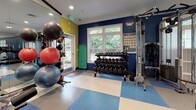 Located at 4937 Valley Crest Dr in Midlothian, VA, this well-equipped fitness center offers a comprehensive workout environment across a single floor. The space is defined by bold navy blue accent walls, vibrant checkered flooring in blue and white, and large white-framed windows that invite abundant natural light and views of the surrounding greenery.

The cardio zone features a row of Life Fitness treadmills, ellipticals, and stair climbers, each equipped with individual display screens for entertainment and workout tracking. Overhead, recessed lighting and ceiling fans ensure the space remains comfortable during intense sessions. Wall-to-wall mirrors amplify the sense of space and allow for form monitoring throughout workouts.

The strength training area is stocked with a full array of Life Fitness selectorized machines, catering to a wide range of muscle groups. A dedicated free weights section includes a complete rack of dumbbells and an assortment of stability and medicine balls, supported by a functional trainer for versatile exercise options. Wall-mounted flat-screen televisions are positioned throughout for entertainment.

Multiple glass-paned doors provide direct outdoor access, enhancing ventilation and connectivity to the exterior. The overall ambiance is energetic yet functional, with a clean, organized layout designed to support a full range of fitness activities.