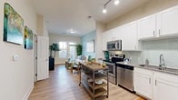 Located at 711 Beach Blvd in Jacksonville Beach, FL, this one-bedroom, one-bathroom residence offers a well-designed open-concept layout with a coastal aesthetic. Light wood-tone flooring flows throughout the main living areas, complementing the neutral palette and aqua accent walls that give the space a breezy, beachside character. The kitchen is a standout feature, outfitted with white shaker-style cabinetry, granite countertops, a soft green tile backsplash, and a full suite of stainless steel appliances including a range, microwave, dishwasher, and refrigerator. Track lighting overhead and an open pass-through to the living area enhance both function and flow. The living room benefits from natural light through a large window and glass door, creating an inviting, airy atmosphere. The bedroom offers a carpeted retreat with large windows, ample natural light, and a dedicated walk-in closet with built-in wire shelving for organized storage. The bathroom features a granite-topped vanity, a soaking tub, and a tiled shower, maintaining the clean, modern aesthetic found throughout. The overall ambiance is fresh and contemporary, with thoughtful design choices that reflect the relaxed coastal lifestyle of the Jacksonville Beach area.