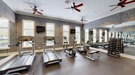 This fitness center at Avemore Lane in Charlottesville, Virginia, is a well-appointed, single-story facility designed to support a full range of workout routines. The space is divided into two distinct areas: a primary cardio and strength room and a separate studio zone, offering users a functional and organized environment.

The main exercise room features textured gray accent walls, crown molding, and a white ceiling adorned with multiple ceiling fans to maintain comfortable airflow during workouts. Large white-trimmed windows allow ample natural light to fill the space, while wall-mounted flat-screen televisions provide entertainment. A full-length mirror spans one wall, visually expanding the room and allowing users to monitor their form. Equipment includes treadmills, elliptical machines, a stair climber, adjustable benches, and a tiered dumbbell rack offering a range of free weights.

The secondary studio area features bright white walls, columned architectural detailing, and additional windows. This section houses spin bikes, stability balls, step platforms, and open floor space suited for stretching, yoga, or group exercise. Durable rubber flooring throughout both areas ensures safety and easy maintenance, while recessed lighting supplements the natural light for a clean, polished finish overall.