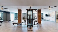 Located at 6050 Harbour Glenn Dr in Midlothian, Virginia, this single-floor fitness facility offers a comprehensive and thoughtfully designed workout environment. The space is divided into two distinct exercise rooms, each serving a different fitness purpose, connected by hallways that guide residents seamlessly throughout.

The main gym area is a spacious, open floor plan featuring large tile flooring and striking exposed brick columns that add a classic architectural character to the modern setting. The room is lined with multiple windows that invite abundant natural light, and is equipped with a robust selection of machines, including treadmills, ellipticals, cable systems, recumbent bikes, and free weights with dedicated benching areas. Slate-blue accent walls and ceiling fans complete the polished aesthetic.

The second exercise room is a bright, airy studio space designed for group fitness, yoga, barre, or movement classes. It features warm hardwood-style flooring, a sage-green ceiling, elegant arched architectural details, full-length mirrors, and a ballet barre along one wall. Lush indoor plants add a refreshing, natural ambiance to the room, which is also outfitted with balance equipment, resistance tools, and folding chairs for flexible class formats. Together, the two rooms provide a well-rounded fitness experience for all workout styles.