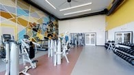 This fitness center is a well-appointed, single-floor facility designed to accommodate a wide range of workout needs. The space is defined by its notably high ceilings, which contribute to an open, airy atmosphere and are fitted with industrial-style exposed ductwork and linear LED lighting fixtures that ensure even, bright illumination throughout.

A striking geometric mural in a palette of yellows, blues, greens, and earth tones dominates one wall, serving as a bold visual anchor and adding an energetic, artistic character to the environment. The flooring features a two-tone design, with a neutral grey field accented by a warm terracotta-toned central zone, helping to visually delineate workout areas.

The facility is equipped with a comprehensive selection of cardio machines, including treadmills and stationary bikes, alongside a robust array of cable and resistance machines for strength training. Large windows along one wall allow generous natural light to enter the space, enhancing the overall brightness. A set of glass double doors provides access to an outdoor area, further connecting the interior to the surrounding environment. Ceiling fans complement the ventilation system, supporting a comfortable workout climate.