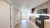 This efficiently designed two-bedroom, one-bathroom unit offers a well-organized single-floor layout with thoughtfully utilized space. The kitchen serves as a functional centerpiece, featuring contemporary medium-toned wood laminate cabinetry extending from counter height to ceiling, providing ample storage. Black stainless appliances include a refrigerator, electric range, microwave, and dishwasher, complemented by light quartz countertops and a stainless steel sink. Track lighting overhead adds a modern touch. Light-toned hardwood-style flooring runs throughout the kitchen and main living area, transitioning to plush neutral carpet in the bedrooms and living space.

The open living area benefits from a large window that admits generous natural light and outdoor views of surrounding greenery. The primary bedroom, though compact, is carpeted and features a sizeable window, offering a bright and comfortable retreat. The full bathroom is finished with the same warm wood-toned cabinetry, a white countertop vanity with an integrated sink, full mirror, and a tub-shower combination with a chrome rod. Clean white walls and neutral finishes throughout create a cohesive, contemporary aesthetic well-suited for efficient daily living.