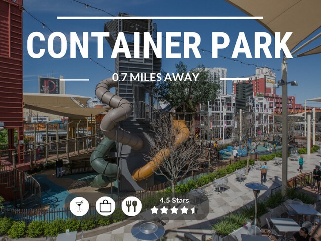 Offbeat shopping center built from shipping containers, plus galleries & courtyard with playground. - Ogden Villas