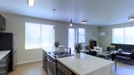 This single-floor space showcases a thoughtfully designed open-plan layout that seamlessly connects the kitchen and living areas. The kitchen serves as the focal point, centered around a generous island with a clean white countertop that provides ample workspace and a natural gathering point. A stainless steel range with an electric cooktop is integrated into the island, complemented by sleek pendant lights that hang overhead, adding a modern, polished aesthetic.

Large windows fitted with horizontal blinds line the walls, allowing abundant natural light to fill the space and creating an airy, welcoming atmosphere. The neutral wall tones and light flooring enhance the brightness throughout. Decorative aloe plants placed on the island introduce a touch of greenery, contributing to the contemporary, minimalist character of the kitchen.

Beyond the kitchen, the open living and dining area is visible, furnished with a dining table and chairs alongside a bookcase, suggesting a versatile and functional layout. A floor lamp in the corner provides additional ambient lighting. The overall design balances practicality with modern style, making the space feel both comfortable and well-appointed.