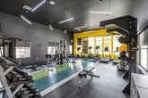This fitness center offers a spacious, single-level layout designed to accommodate a comprehensive range of workout activities. The interior is defined by soaring ceilings painted in dark charcoal, which contrast sharply with bold yellow and lime green accent walls, creating an energetic and motivating atmosphere. Linear LED lighting fixtures are suspended from the ceiling, providing bright, even illumination throughout the space.

The flooring transitions between dark hardwood-style planking in the free weights area and a multicolored rubber fitness floor in teal, green, and white, clearly delineating functional zones. A full-length mirror wall along one side visually expands the space and supports form-checking during workouts.

The free weights section includes an extensive dumbbell rack with a wide range of weights, adjustable benches, kettlebells, and medicine balls. A multi-station cable and weight machine anchors the strength training area, while TRX suspension trainers and functional training racks add versatility.

The cardio zone along the windowed perimeter houses treadmills, ellipticals, and a stair climber. Multiple windows line the walls, inviting natural light and offering views of outdoor greenery. Storage cubbies and a whiteboard fitness station round out the well-organized, fully equipped space.