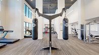 Located at 2900 W Hamlin Rd in Rochester Hills, Michigan, this expansive fitness center offers a comprehensive and well-appointed workout environment across a single, generously sized floor. The main gym area is distinguished by soaring double-height ceilings, exposed dark ceiling infrastructure, and large floor-to-ceiling windows that flood the space with natural light and provide views of the surrounding landscape. Structural columns clad in white brick tile punctuate the open floor plan, adding architectural character while defining distinct workout zones. The main floor features a wide array of equipment, including TKO heavy punching bags on a freestanding rack, cable machines, strength training stations, treadmills, and a full dumbbell rack with adjustable benches. Durable, patterned carpet tile covers the main workout areas, while rubber flooring accommodates the free weights section. A dedicated studio room, accessible through glass doors, features light hardwood flooring, full-wall mirrors, a ballet barre, stability balls, kettlebells, and spin bikes, making it ideal for group fitness classes. Recessed lighting and a ceiling fan keep the studio bright and comfortable. A water fountain station with a bold navy accent wall provides a functional and visually striking amenity. The overall ambiance is modern, clean, and energizing.