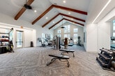 Located at 700 Avett Ln in Charlotte, NC, this single-floor fitness center offers a spacious and inspiring environment for exercise and wellness. The room's most striking architectural feature is its dramatic vaulted ceiling adorned with rich, dark-stained exposed wood beams that run the length of the space, lending both warmth and grandeur to the interior. Recessed lighting and ceiling fans complement the generous natural light that pours in through multiple large windows, creating a bright and energizing atmosphere throughout the day.

The flooring is covered in a textured, patterned carpet tile that adds visual interest while providing a comfortable surface underfoot. The exercise room is comprehensively outfitted with a wide variety of equipment to support diverse workout routines. Cardio machines include treadmills and an elliptical trainer, while strength training is well-served by a cable machine, a multi-station weight system, adjustable benches, and a full rack of dumbbells. A functional training station offers battle ropes, resistance bands, kettlebells, and medicine balls for dynamic workouts. Floor-to-ceiling mirrors along one wall visually expand the space and assist users with form. A wall-mounted television and decorative artwork contribute to the polished, modern aesthetic of this well-appointed fitness facility.
