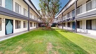 Located in Solana Beach, California, this inviting courtyard serves as the central outdoor hub of a two-story building complex. The space is defined by a generous, well-maintained lawn that stretches along the interior of the complex, anchored by a striking mature tree with a broad, sculptural canopy that provides natural shade and a focal point for the entire area.

Flanking the lawn on both sides are covered walkways lined with unit entrances featuring teal-accented doors, adding a pop of color against the crisp white stucco exterior. Upper-level balconies with metal railings run the full length of both building wings, offering elevated outdoor space for residents and reinforcing the open, airy character of the courtyard.

A dedicated patio area is furnished with wicker lounge chairs and a sofa, all upholstered in bold red cushions, arranged around a central fire pit table. A large red market umbrella provides shade, and a colorful area rug ties the seating arrangement together, creating a warm and social outdoor living environment.

Abundant natural light floods the courtyard throughout the day, reflecting the classic Southern California climate of Solana Beach. Lush planters and shrubs along the building perimeter add greenery and texture, making this courtyard a functional and aesthetically appealing communal outdoor space.